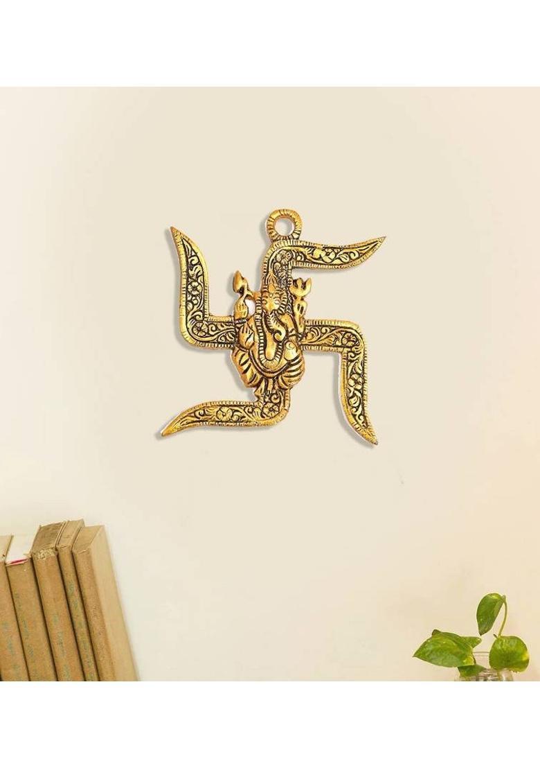 BUY N RELAX Wall Hanging of 1 Lord Ganesha on Swastik Showpiece Decorative Showpiece - 10 cm&nbsp;&nbsp;(Brass, Gold) - Indya