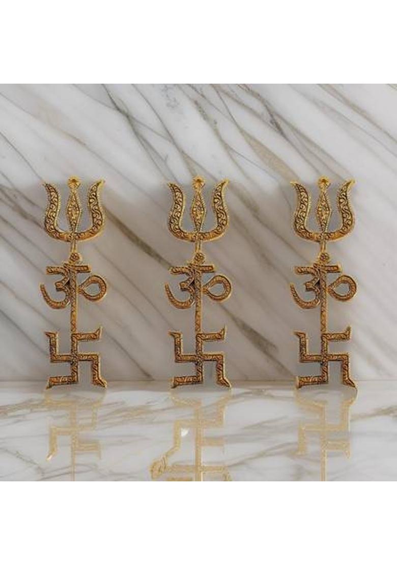 salvusappsolutions Om Trishul Swastik Metal Trishakti, Wall Hanging (8 inch_Golden) [Pack of 3] Decorative Showpiece - 20 cm&nbsp;&nbsp;(Metal, Gold) - Indya