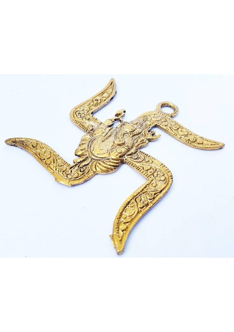 Aanshi shoppe RELIGIOUS IDOL GOLDEN GANESH-ON SWASTIK Decorative Showpiece Decorative Showpiece - 15 cm&nbsp;&nbsp;(Brass, Gold) - Indya