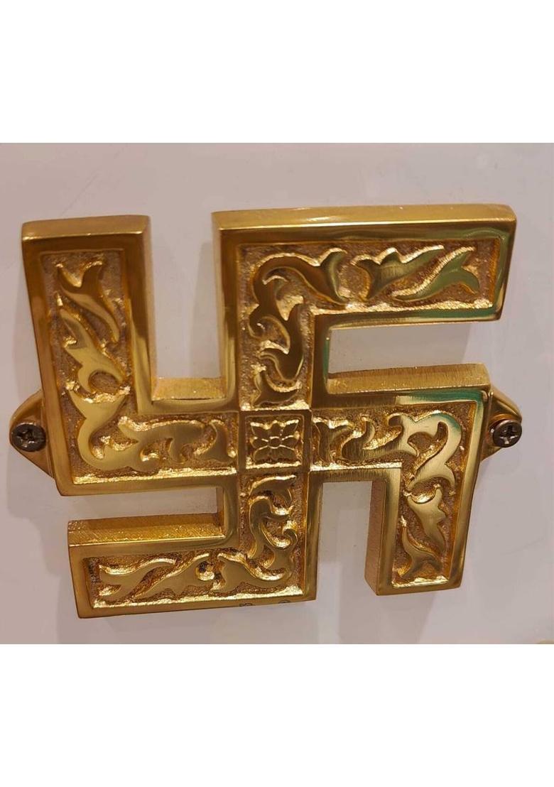 RHK 277 Swastik Decorative Showpiece - 8 cm&nbsp;&nbsp;(Brass, Gold) - Indya