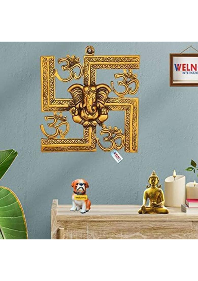 welno international Metal Lord Ganesha on Om Swastik Golden Wall Hanging Decorative Showpiece - 20 cm&nbsp;&nbsp;(Metal, Gold) - Indya