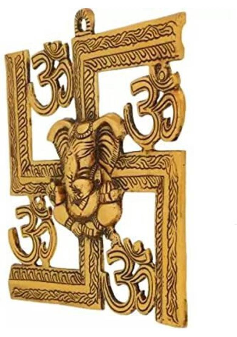 welno international Metal Lord Ganesha on Om Swastik Golden Wall Hanging Decorative Showpiece - 20 cm&nbsp;&nbsp;(Metal, Gold) - Indya