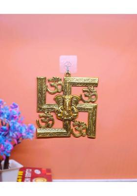 WORLDOFCRAFT Lord Ganesha on Om Swastik Wall Hanging Religious Sculpture for Home Decor Gift Decorative Showpiece - 21 cm&nbsp;&nbsp;(Metal, Gold)