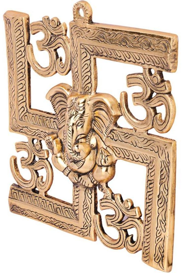 WORLDOFCRAFT Lord Ganesha on Om Swastik Wall Hanging Religious Sculpture for Home Decor Gift Decorative Showpiece - 21 cm&nbsp;&nbsp;(Metal, Gold) - Indya