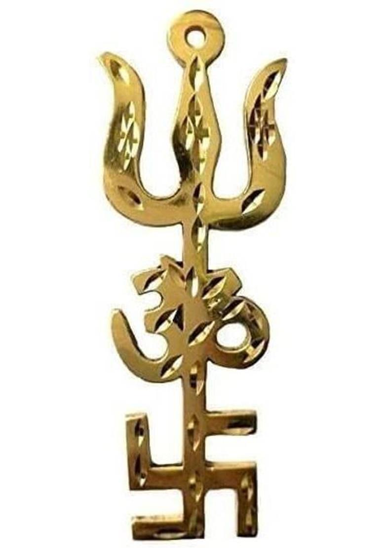 BlessCreations Trishakti Swastik OM Trishul Decorative Showpiece - 2.5 cm&nbsp;&nbsp;(Metal, Gold) - Indya
