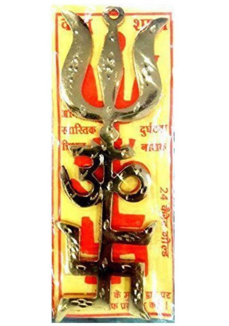 Tevatiya Siyaram Trishakti Yantra (Swastik, Om, Trident) Decorative Showpiece - 15 cm&nbsp;&nbsp;(Brass, Gold) - Indya
