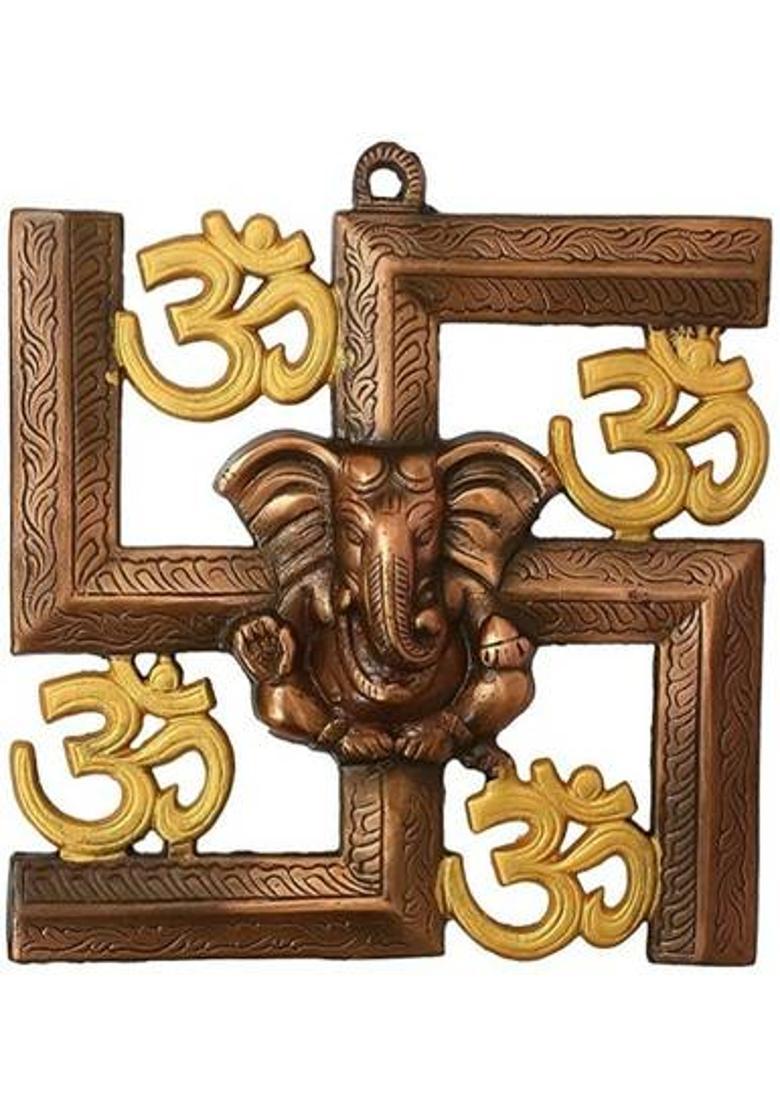 SP Handicrafts Swastika Om Ganesha Wall Hanging Showpiece | Wall Decor | Home Decor | Office Decor | Show piece Gifts |Photo Frame | Modern Wall Art| | Home Accent | Room Decor Decorative Showpiece - 24 cm&nbsp;&nbsp;(Aluminium, Gold) - Indya