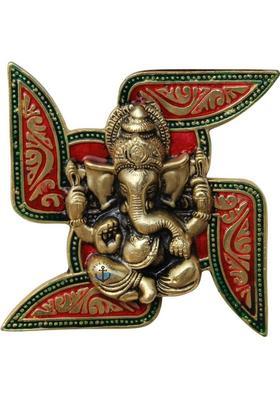URVA CRAFT Metal Ganesha Wall Hanging, Swastik Design with Red Enamel Work Decorative Showpiece - 18.5 cm&nbsp;&nbsp;(Aluminium, Gold, Red)