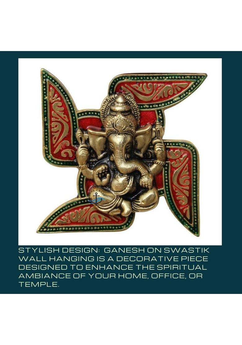 URVA CRAFT Metal Ganesha Wall Hanging, Swastik Design with Red Enamel Work Decorative Showpiece - 18.5 cm&nbsp;&nbsp;(Aluminium, Gold, Red) - Indya