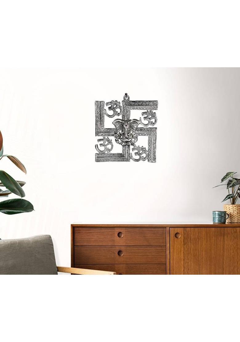 INTERNATIONAL GIFT Silver Plated Swastik Ganesh Idol Wall Hanging | Wall Art For Home, Office Decorative Showpiece - 25 cm&nbsp;&nbsp;(Metal, Silver) - Indya