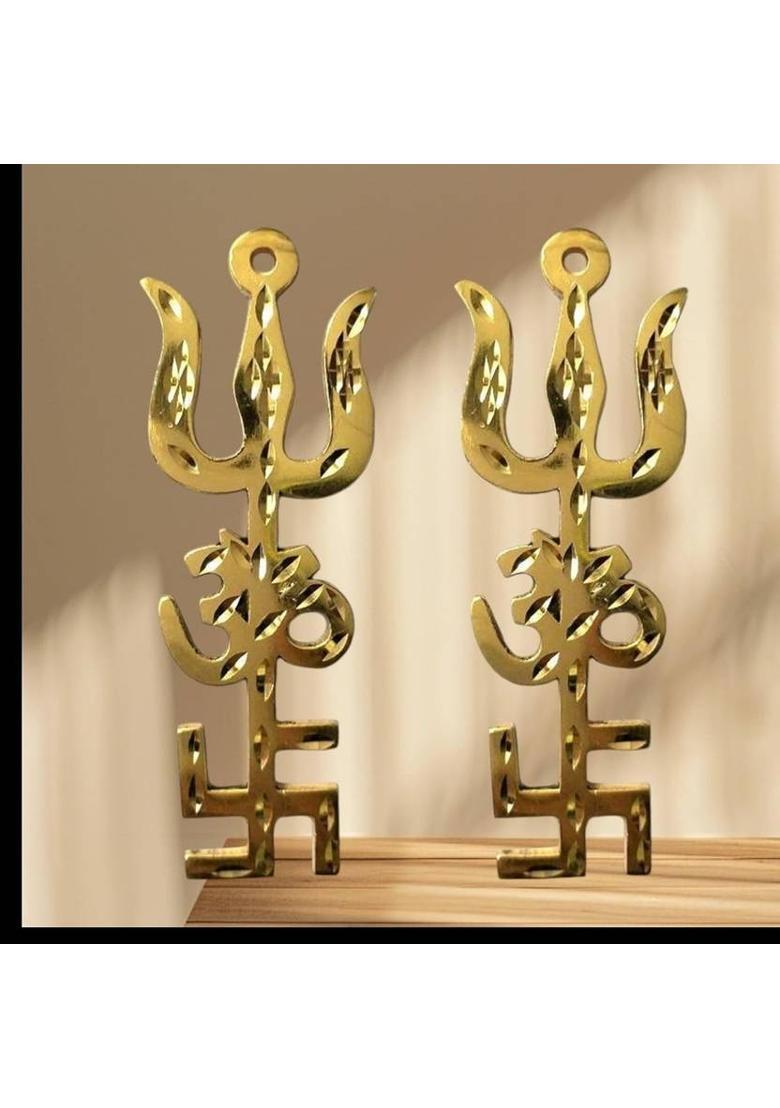 maan treading Pure Brass Trishul Om Swastik Yantra Spiritual Wall Hanging Showpiece Decorative Showpiece - 9.5 cm&nbsp;&nbsp;(Brass, Gold) - Indya