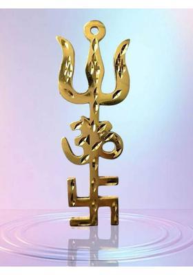 Effigy Onlinehub Trishul Om Swastika Brass Yantra Spiritual Metal Wall Hanging Trisakthi Vastu Decorative Showpiece - 10 cm&nbsp;&nbsp;(Brass, Gold)