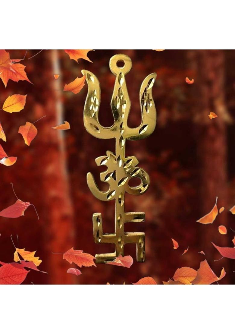 Effigy Onlinehub Trishul Om Swastika Brass Yantra Spiritual Metal Wall Hanging Trisakthi Vastu Decorative Showpiece - 10 cm&nbsp;&nbsp;(Brass, Gold) - Indya