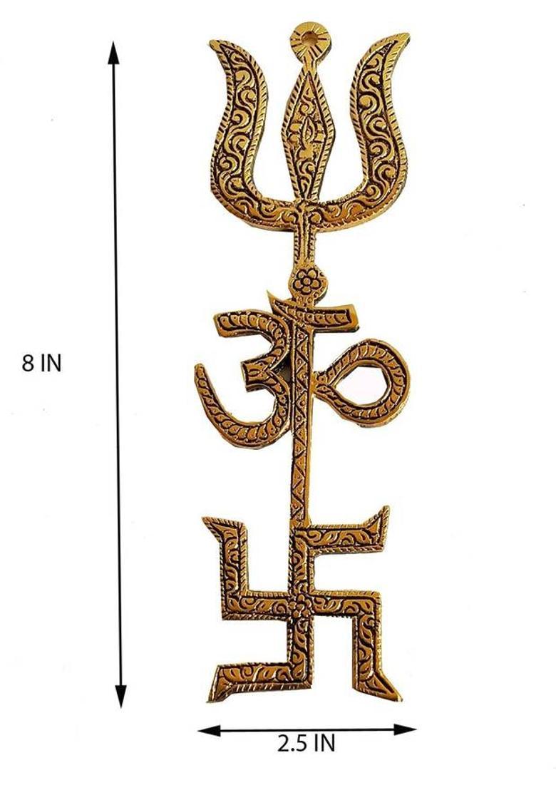 Shv Original Metal Om Trishul Swastik Trishakti Yantra (8 inch_Gold). Decorative Showpiece - 20.209999999999997 cm&nbsp;&nbsp;(Metal, Gold) - Indya
