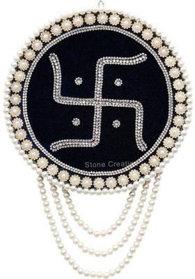 SIXTEEN Luxury Velvet Swastik Wall Hanging with Pearl Border – Spiritual Home Décor Item Decorative Showpiece - 33 cm&nbsp;&nbsp;(Crystal, Blue)