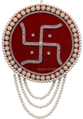 Stone Creation Luxury Velvet Swastik Wall Hanging with Pearl Border – Spiritual Home Décor Item Decorative Showpiece - 33 cm&nbsp;&nbsp;(Crystal, Red)