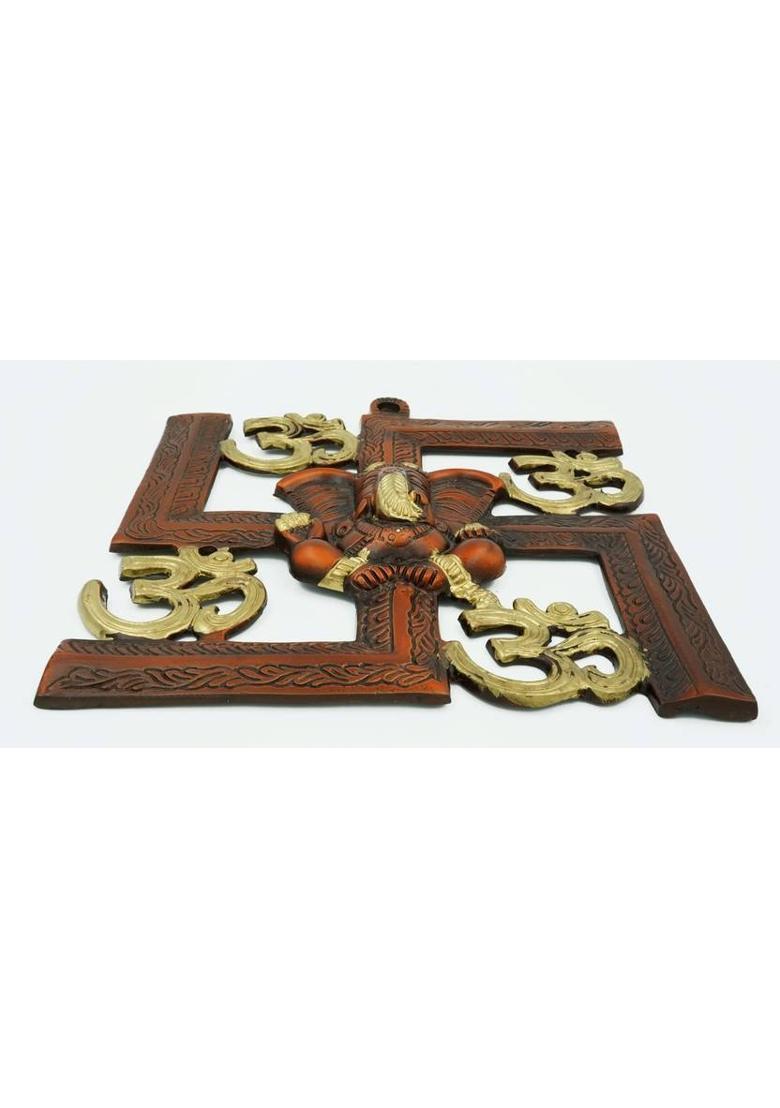 CD kalagram Om Lord Ganesha on Swastik Wall Hanging Brass Showpiece Decorative Showpiece - 20.2 cm&nbsp;&nbsp;(Brass, Brown) - Indya