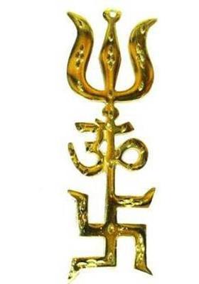SBBCO Trishakti Yantra Swastik Om Trishul Original Brass Decorative Showpiece - 15 cm&nbsp;&nbsp;(Brass, Gold)