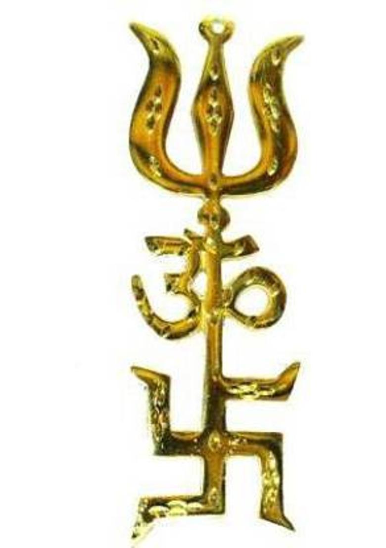 SBBCO Trishakti Yantra Swastik Om Trishul Original Brass Decorative Showpiece - 15 cm&nbsp;&nbsp;(Brass, Gold) - Indya
