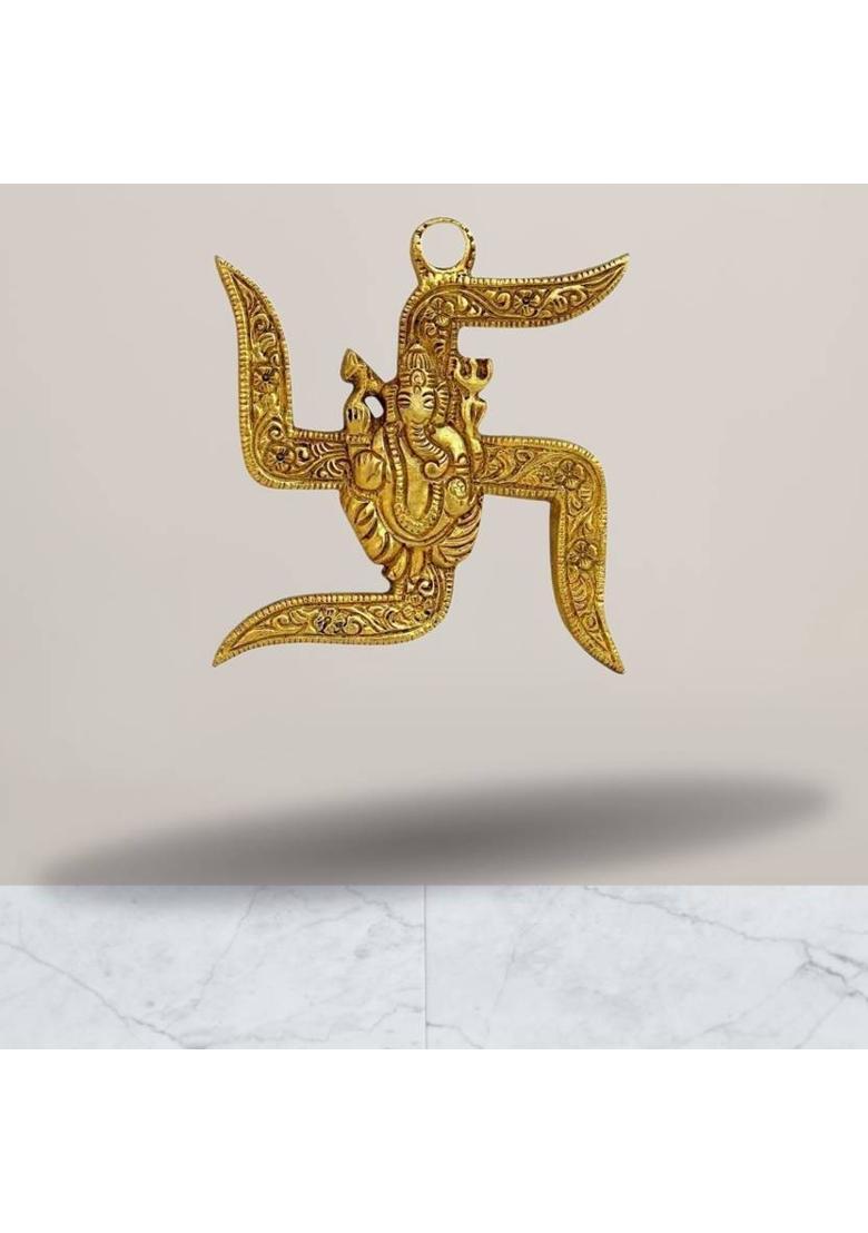 ETANSOKFFT Brass Plated Handicraft Swasticc with Ganesha Wall Hanging Swastik Showpiece Decorative Showpiece - 6 cm&nbsp;&nbsp;(Metal, Gold) - Indya