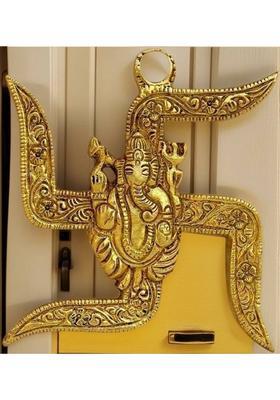 ETANSOKFFT Handicraft Swastik with Ganesha Golden Floral Swastik & Ganesh Idol for Entrance Decorative Showpiece - 6 cm&nbsp;&nbsp;(Metal, Gold)