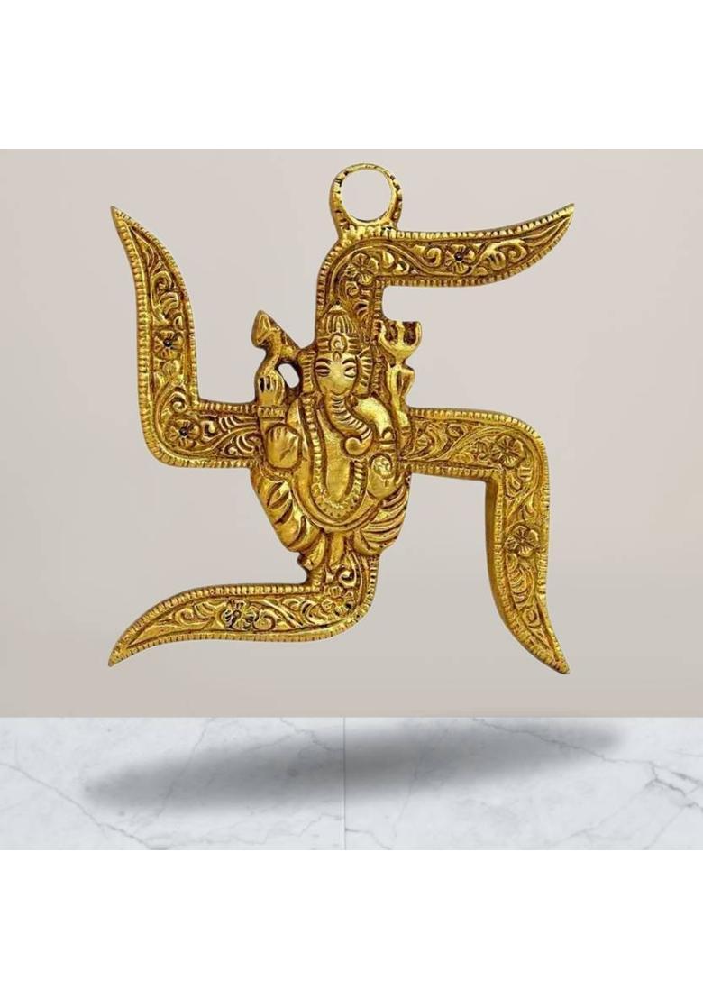 ETANSOKFFT Handicraft Swastik with Ganesha Golden Floral Swastik & Ganesh Idol for Entrance Decorative Showpiece - 6 cm&nbsp;&nbsp;(Metal, Gold) - Indya