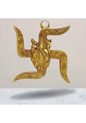 ETANSOKFFT Swastik Sathiya with Ganesha Wall Hanging of Lord Ganesha on Swastik Showpiece Decorative Showpiece - 10 cm&nbsp;&nbsp;(Metal, Gold)