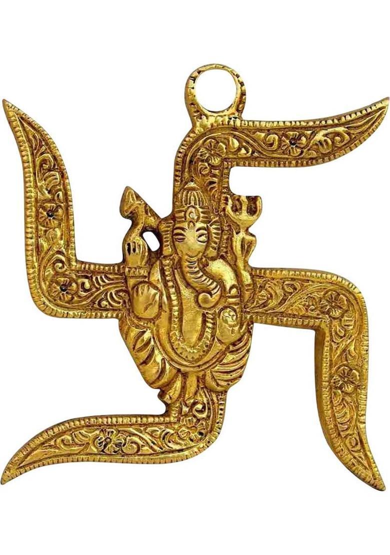 ETANSOKFFT Swastik Sathiya with Ganesha Wall Hanging of Lord Ganesha on Swastik Showpiece Decorative Showpiece - 10 cm&nbsp;&nbsp;(Metal, Gold) - Indya