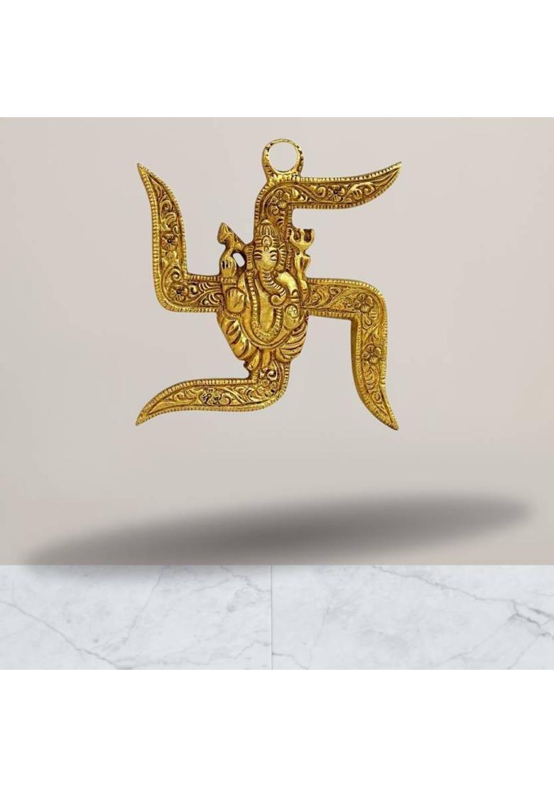 ETANSOKFFT Swastik Sathiya with Ganesha Wall Hanging of Lord Ganesha on Swastik Showpiece Decorative Showpiece - 10 cm&nbsp;&nbsp;(Metal, Gold) - Indya