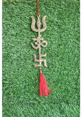 salvusappsolutions Om Trishul Swastik Trishakti Yantra Door and Wall Hanging (8 inch_Golden) 1-PC Decorative Showpiece - 20 cm&nbsp;&nbsp;(Metal, Gold, Red)