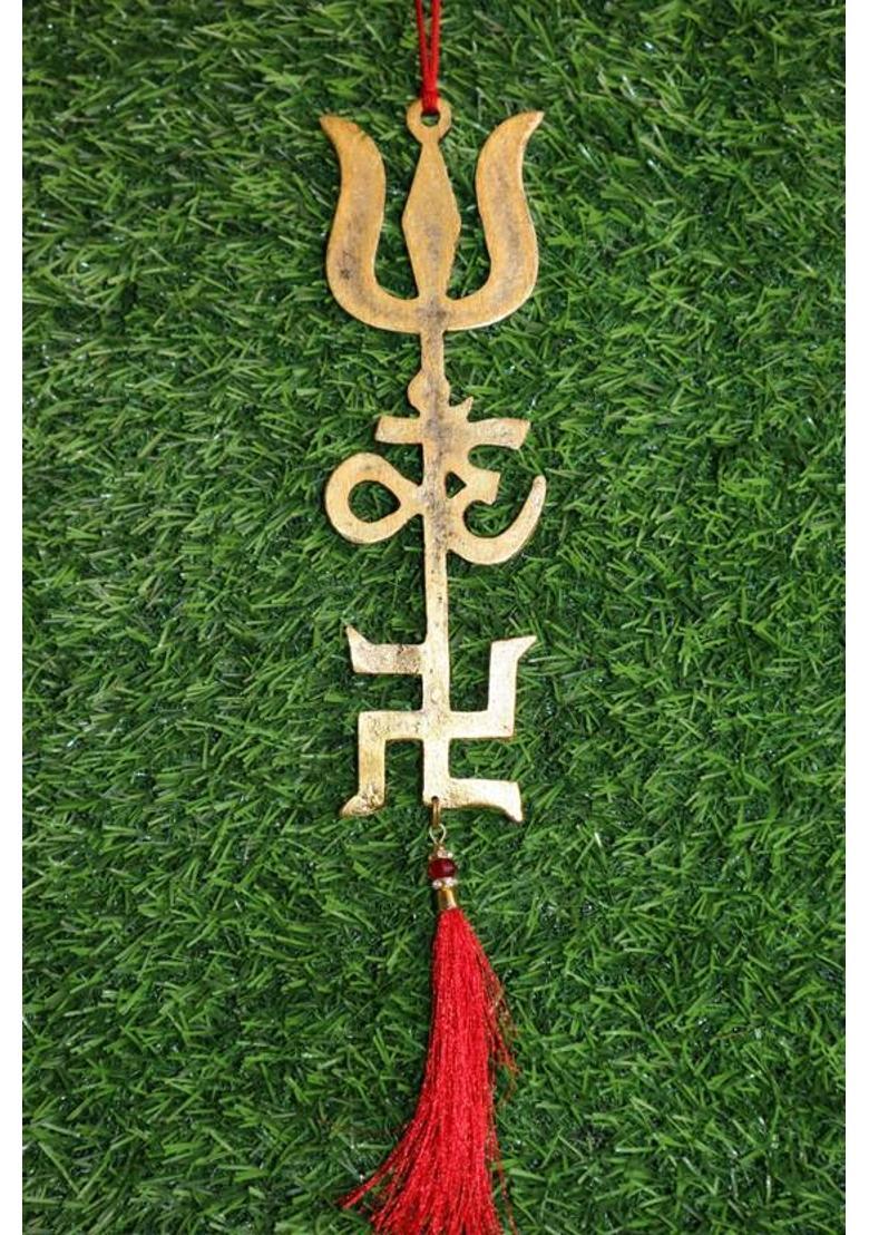 salvusappsolutions Om Trishul Swastik Trishakti Yantra Door and Wall Hanging (8 inch_Golden) 1-PC Decorative Showpiece - 20 cm&nbsp;&nbsp;(Metal, Gold, Red) - Indya