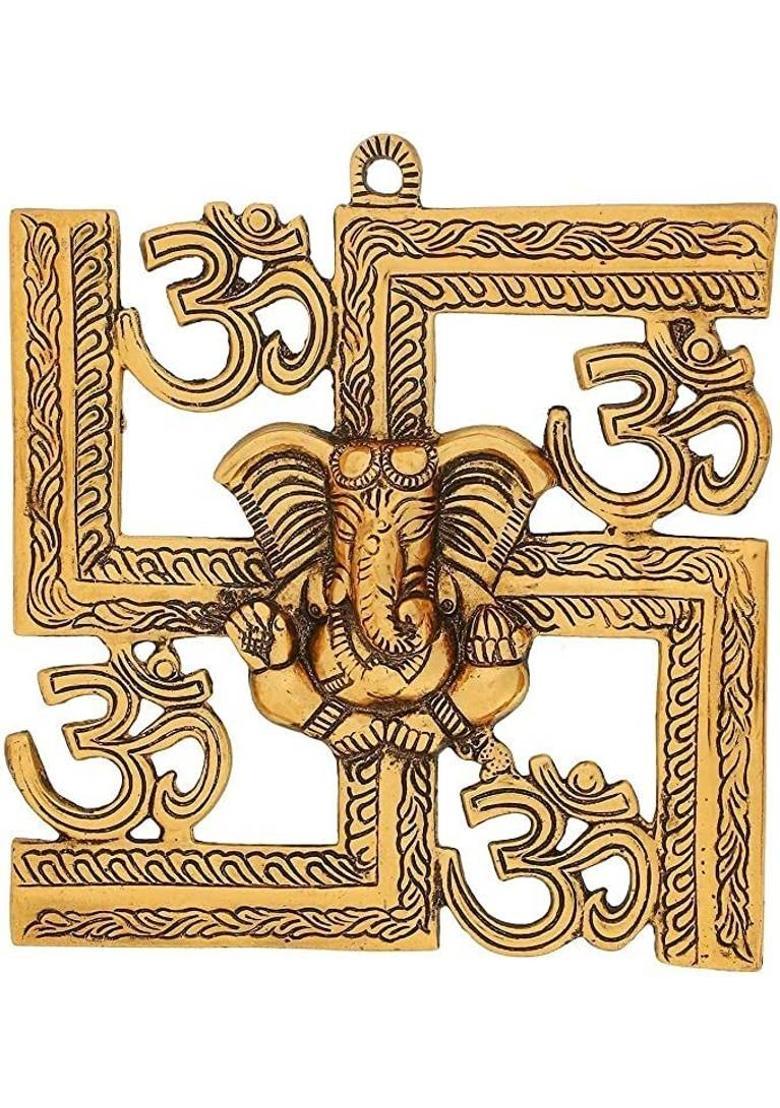 VARKAUS SWASTIK GANESH FOR WALL HANGING GOLD OXADISE Decorative Showpiece - 20 cm&nbsp;&nbsp;(Metal, Gold) - Indya