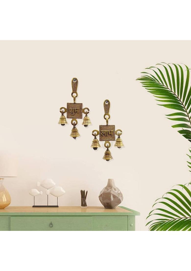 HOUZZPLUS Brass Shubh Labh Hanging Bells Set , Shubh Laabh Brass Door Hanging Decorative Showpiece - 15 cm&nbsp;&nbsp;(Brass, Brown) - Indya