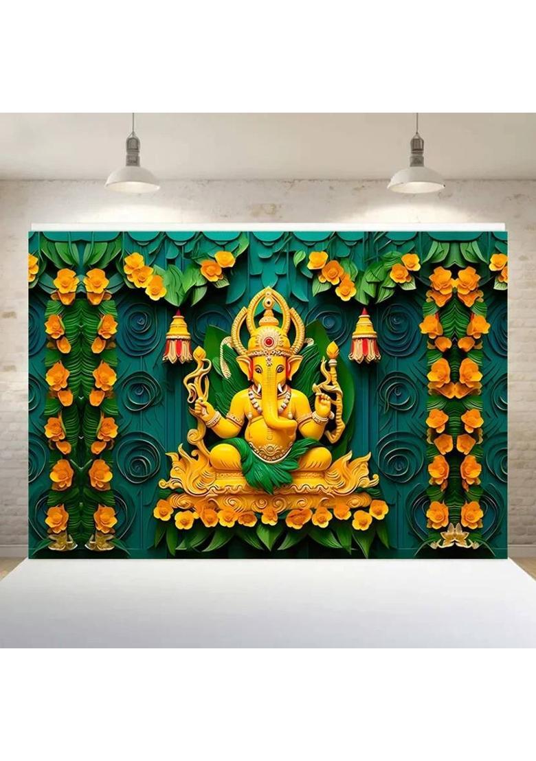 kailash creation Ganesh Ji Backdrop for Decoration 8F & 5F Altar Cloth&nbsp;&nbsp;(60 inch X 96 inch, Green) - Indya