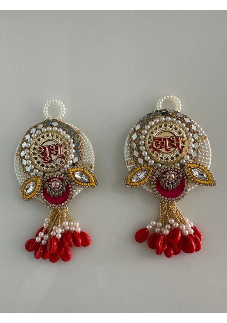 Indie Decor Traditional Shubh Labh Hanging with Pearl, Mirror Work Decorative Door Toran Set Pack of 2&nbsp;&nbsp;(Red) - Indya