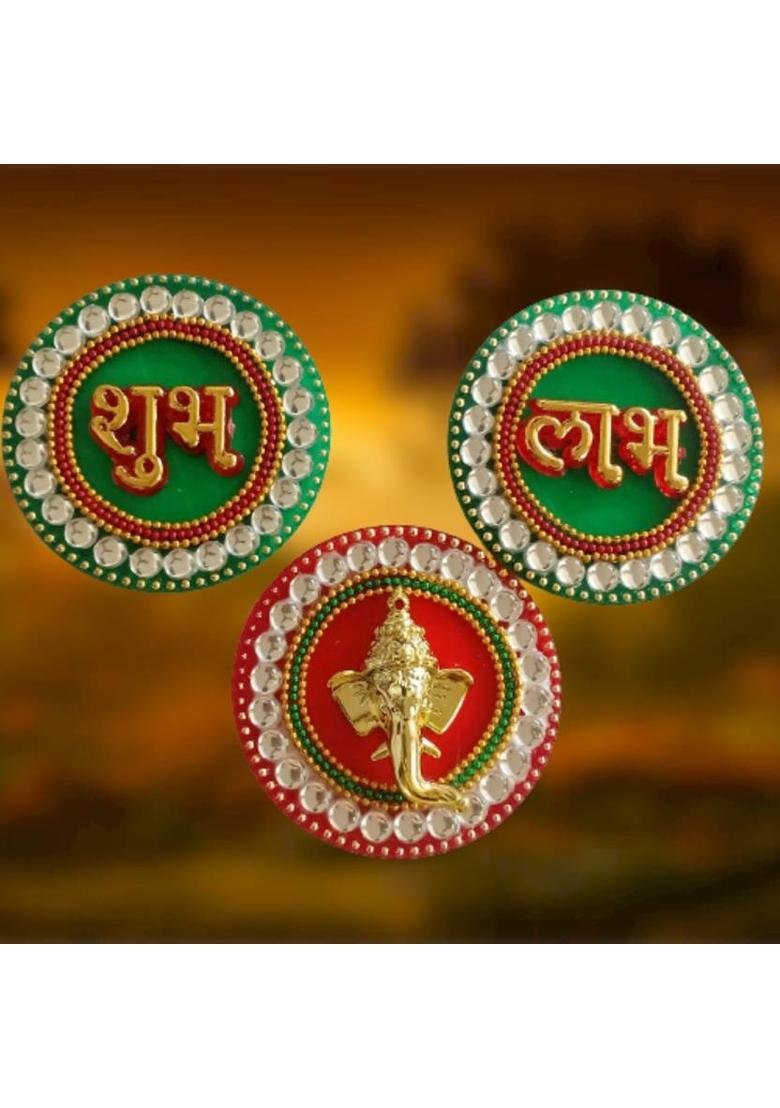 P A HEALTH AND FITNESS P.A.Decorative Acralic Shubh Labh Ganesha Stickers for Main Door/Wall Hanging. Pack of 3&nbsp;&nbsp;(6.5 inch X 6.5 inch, Multicolor) - Indya