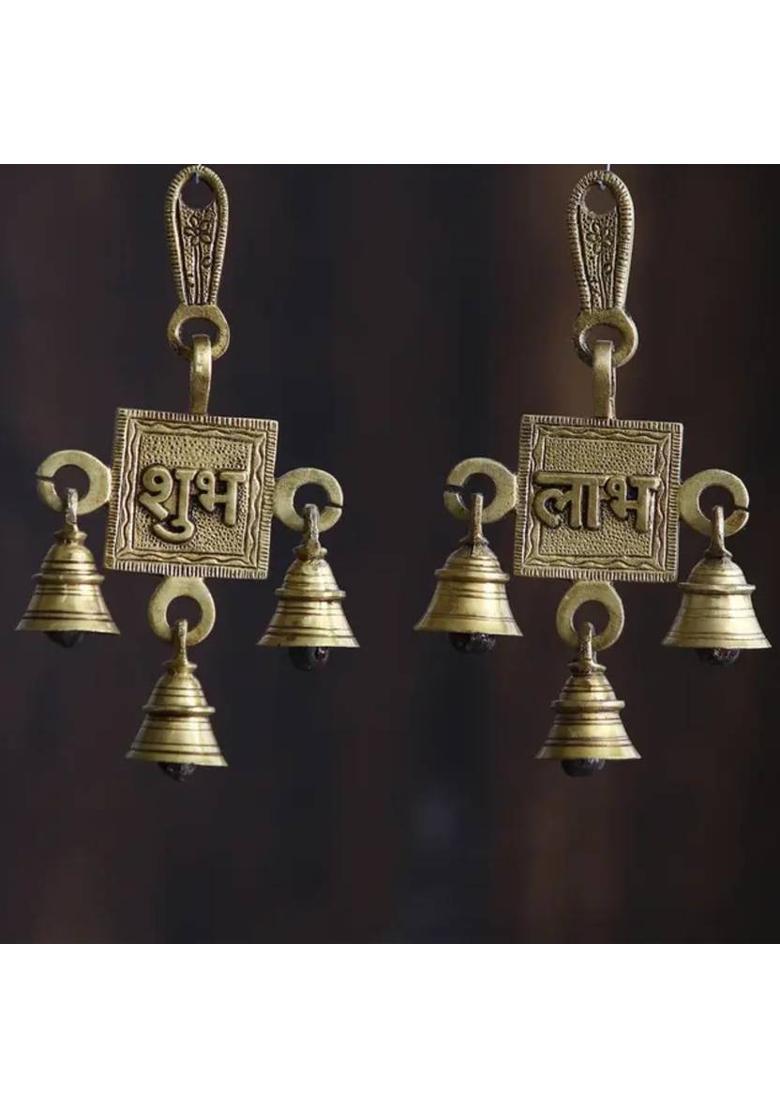 StyleMyWay Brass Subh Labh Hanging Bells for Door Entrance (Set of 2, 8x2x15 cm, 425 gm) | Decorative Showpiece - 15 cm&nbsp;&nbsp;(Brass, Gold) - Indya