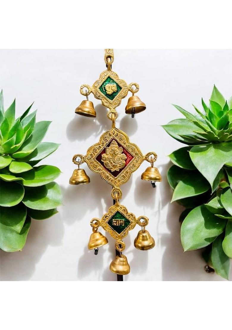Shri Ji Collection Creatives Gold Plated Ganesha Subh Labh Hanging Bell Decorative Showpiece - 39 cm&nbsp;&nbsp;(Aluminium, Iron, Gold) - Indya