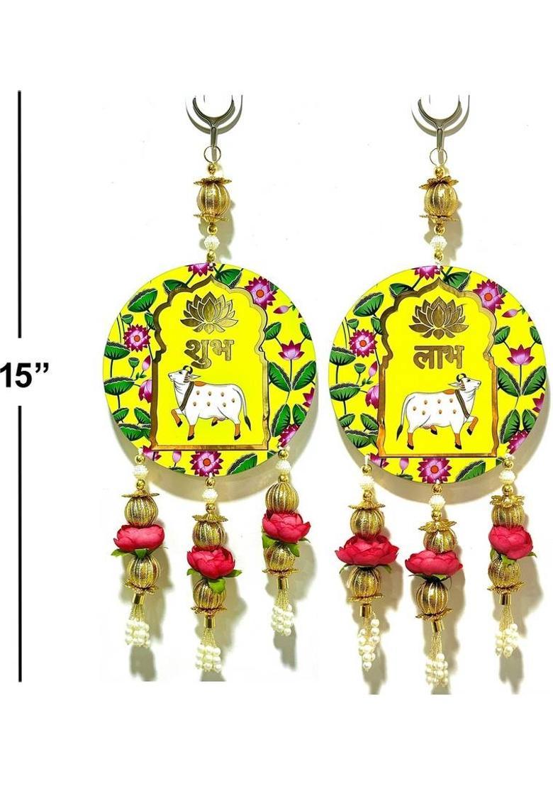 Indie Decor Cow Design Shubh Labh Latkan Set Hanging for Door, Wall, and Festive Decor Pack of 2&nbsp;&nbsp;(15 inch, Multicolor) - Indya