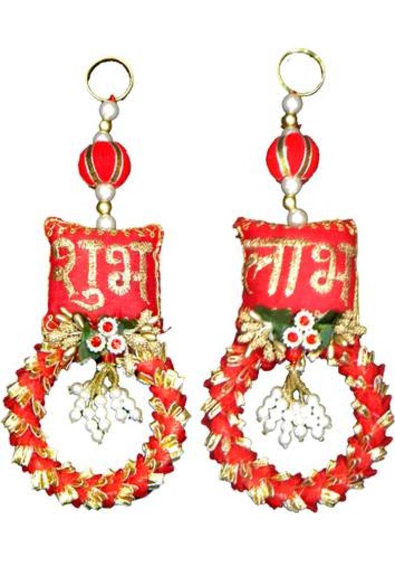 SREE Handcrafted Decorative Shubh Labh Door Side Hangings in Pair Decorative Showpiece - 22.86 cm&nbsp;&nbsp;(Fabric, Metal, Plastic, Red, Green) - Indya