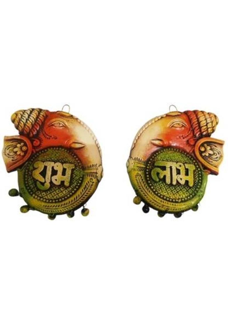 ShubhSaaj Ganesha Shubh Labh Pair Wall Hanging Decorative Showpiece - 20 cm&nbsp;&nbsp;(Clay, Multicolor) - Indya