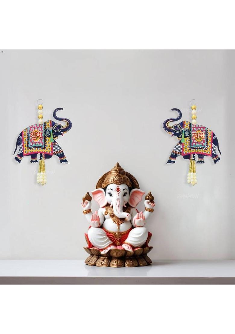 MINDFULLGIFTING Wooden Elephant Wall Hanging with Shubh Labh 4&nbsp;&nbsp;(3 inch, Blue) - Indya