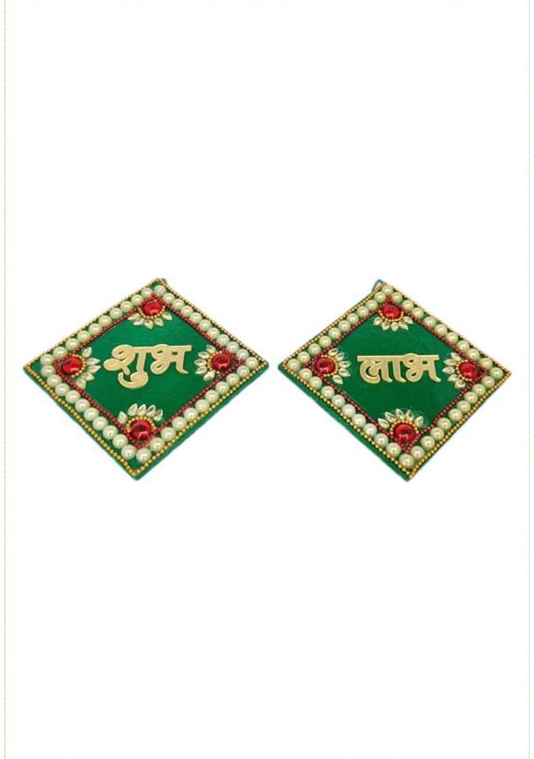 Gokulshoppe Shub Labh Kite Shape wall/Door Hanging Decorative Showpiece-10 cm Decorative Showpiece - 10 cm&nbsp;&nbsp;(Wood, Green) - Indya