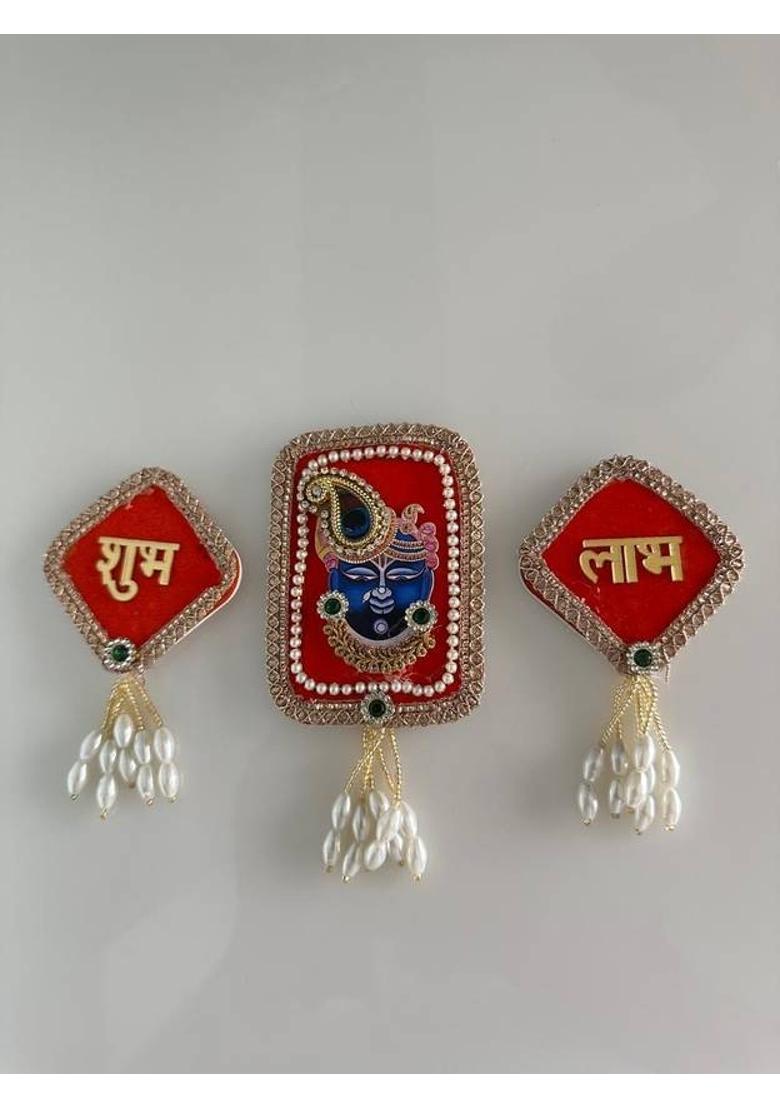 Indie Decor Shubh Labh Krishna Decorative Wall Hanging Toran Handmade Velvet Door Hanging Pack of 2&nbsp;&nbsp;(Red) - Indya