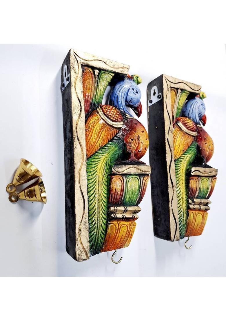 JlineArts Colorful Peacock Wall Brackets - Hand Carved Wooden Pair 12 Inch Decor Decorative Showpiece - 30 cm&nbsp;&nbsp;(Wood, Multicolor) - Indya