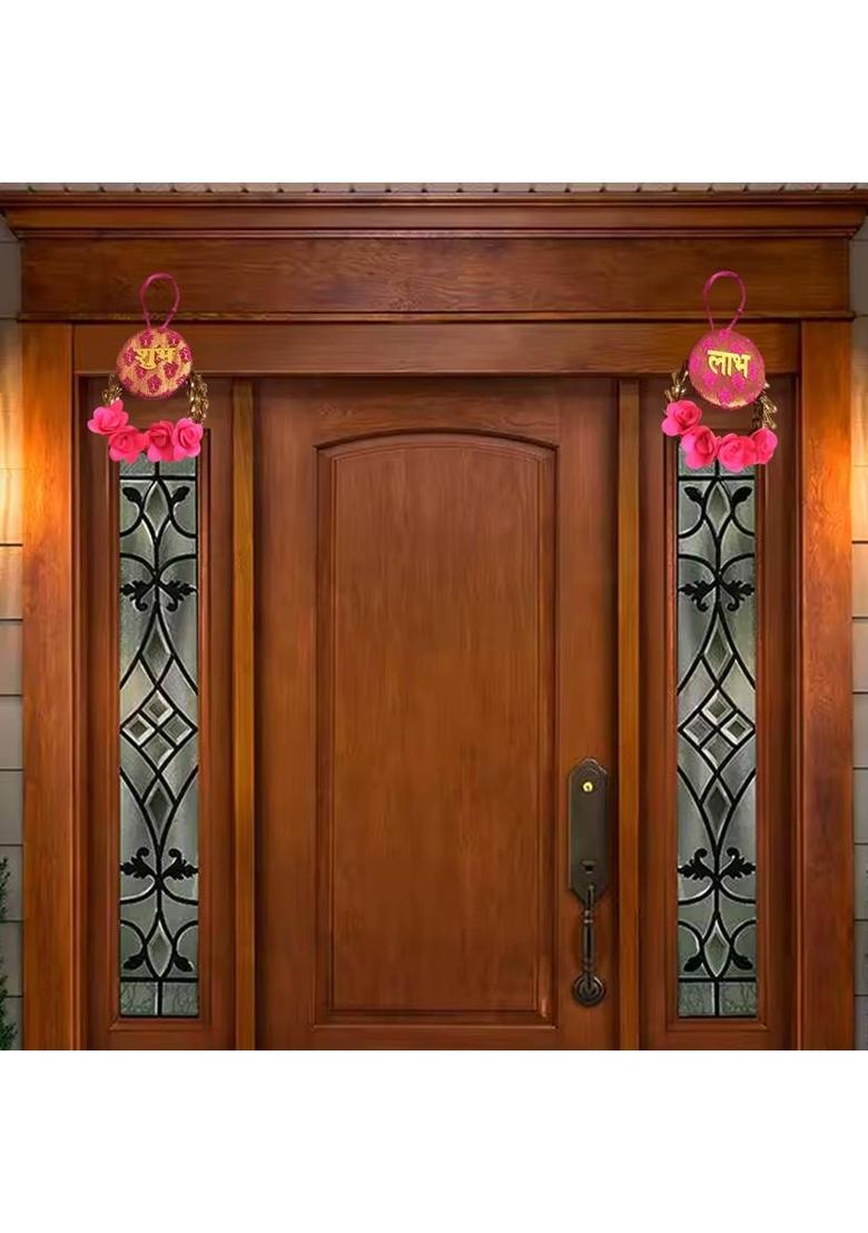 BAAKAY GLOBAL Handmade Shubh Labh Wall Hanging I Round Handcrafted with Flowers - 5Inch Decorative Showpiece - 12.7 cm&nbsp;&nbsp;(Wood, Fabric, Gold, Pink) - Indya