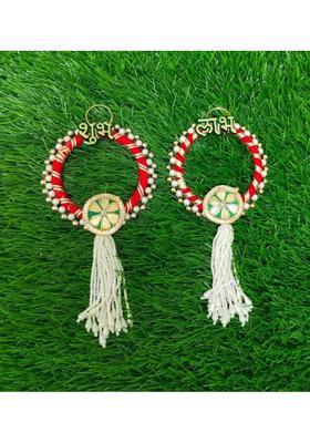 Neha Shubh Labh for Door Entrance,1 Pair | Blue Elephant Side Door Hangings | Decorative Showpiece - 2 cm&nbsp;&nbsp;(Wood, Red, White)