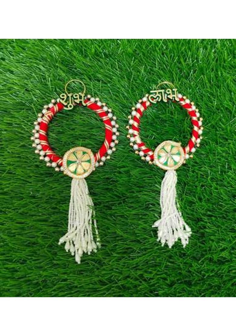 Neha Shubh Labh for Door Entrance,1 Pair | Blue Elephant Side Door Hangings | Decorative Showpiece - 2 cm&nbsp;&nbsp;(Wood, Red, White) - Indya