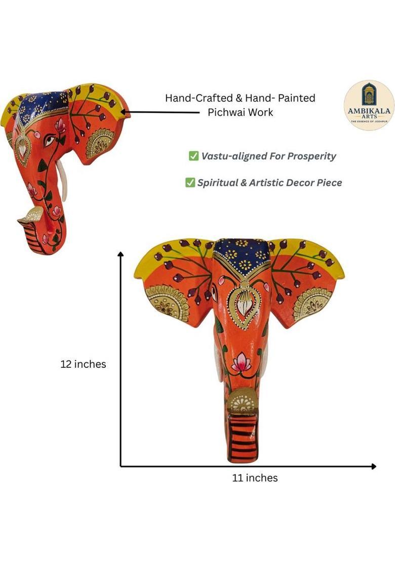Ambikala Arts Hand Painted Rajasthani Elephant Head Decorative Showpiece - 30 cm&nbsp;&nbsp;(Wood, Orange) - Indya