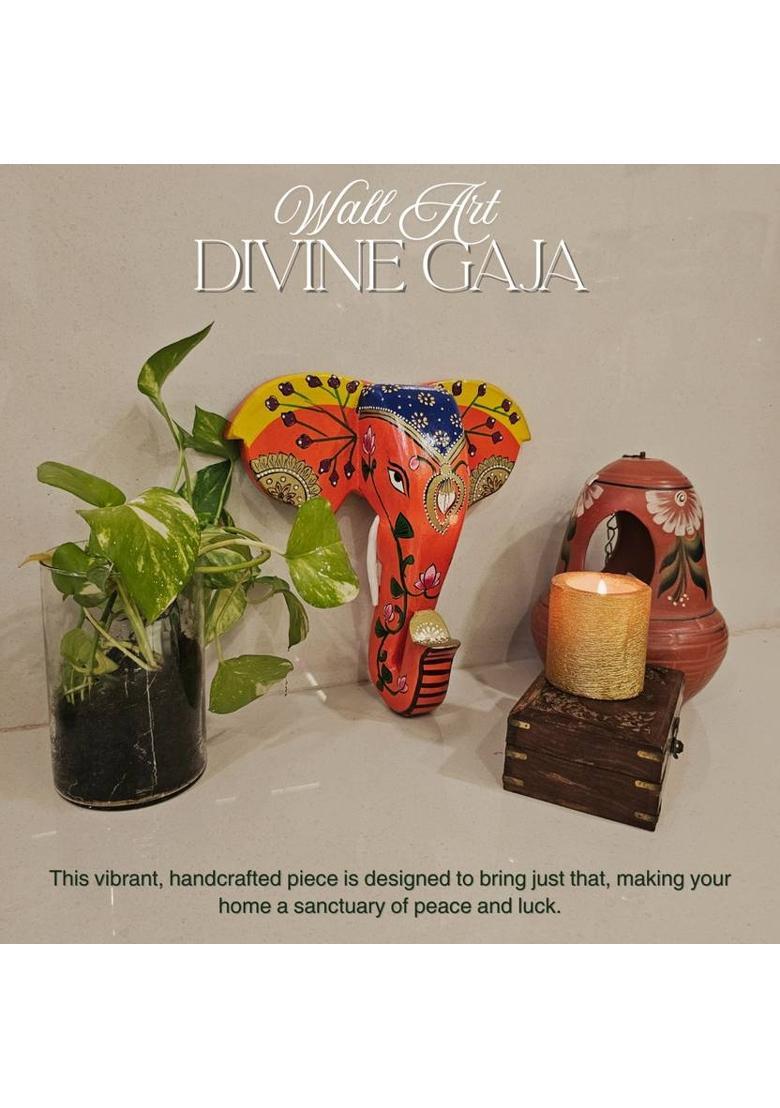 Ambikala Arts Hand Painted Rajasthani Elephant Head Decorative Showpiece - 30 cm&nbsp;&nbsp;(Wood, Orange) - Indya